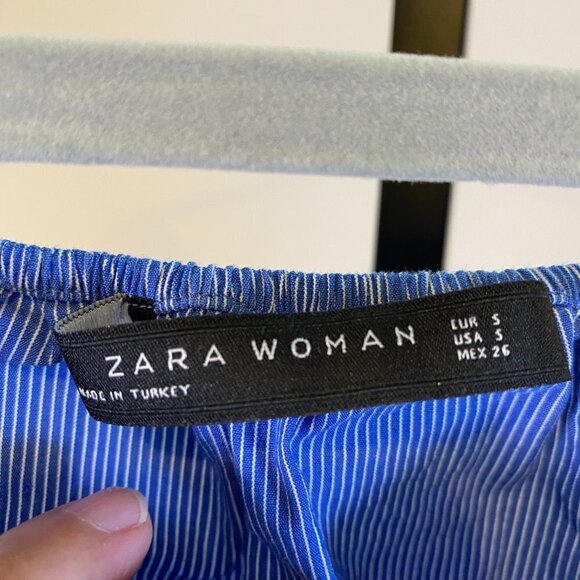 Zara Woman Blue Striped Puff Sleeves Off Shoulder Top - Picture 4 of 8